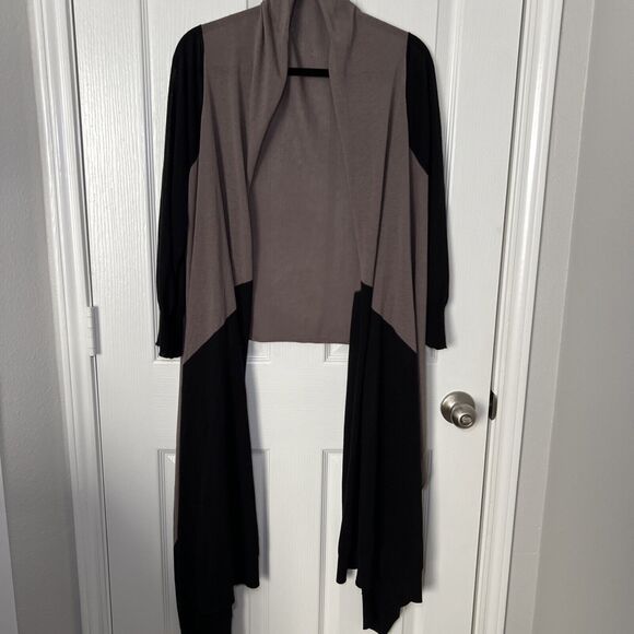 Drape Front Open Cardigan Sweater Wrap Women M/L Tan Black Colorblock Waterfall - Picture 1 of 10
